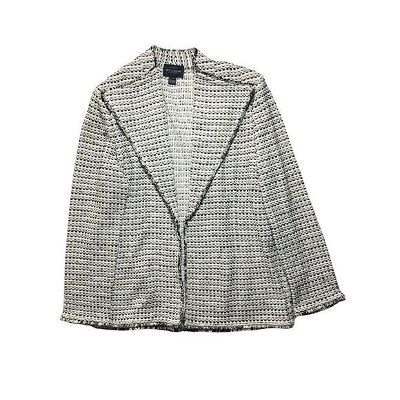 St. John Boutiques Ivory Black Boucle Knit Open-Front Jacket Size 14 - Picture 4 of 9